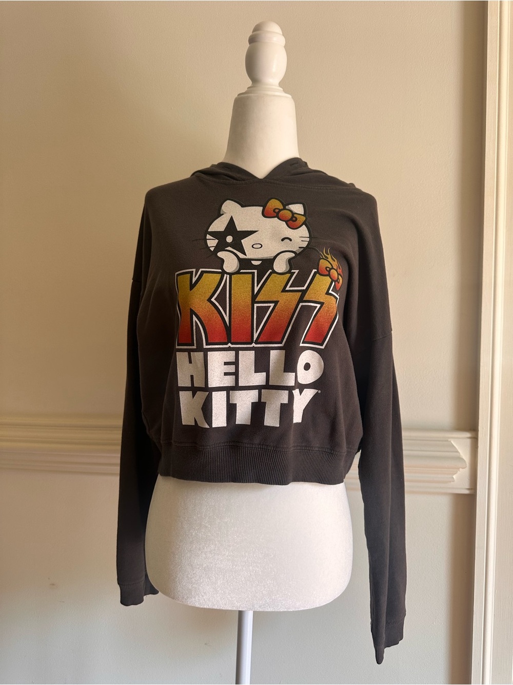Hello Kitty Charcoal Gray Cropped Crewneck Sweater with KISS Graphic